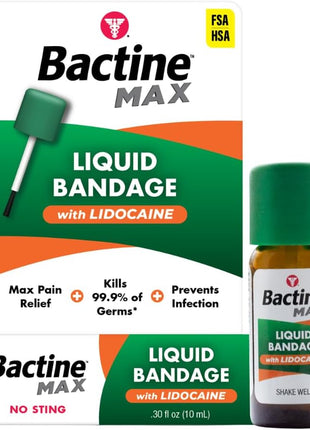 Bactine MAX Liquid Bandage with Lidocaine, Wound Cleaning Solution That Kills 99% of Germs, Covers and Protects Skin, Fast-Drying Protective Seal, 0.30 fl oz