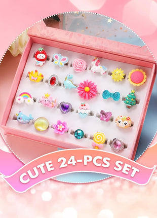 PinkSheep Little Girl Jewel Rings in Box | Adjustable,No Duplication, Girl Pretend Play and Dress Up Rings,Birthday Christmas Gift