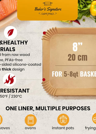 Air Fryer Paper Liners, 125Pcs Air Fryer Disposable Liners | Non-Stick and Oil Proof for Easy Cleanup, 8" Square for 5-8 qt Basket by Baker's Signature