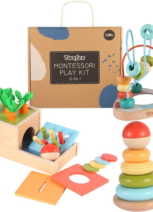 Wooden Montessori Learning Toys Kit,Babies Toys Set for 1 Year Old, Sensory and Thinking Play kit for Toddlers (Boys and Girls). 4 in 1 Drop Box; Rocking Stacker; Bead Maze.