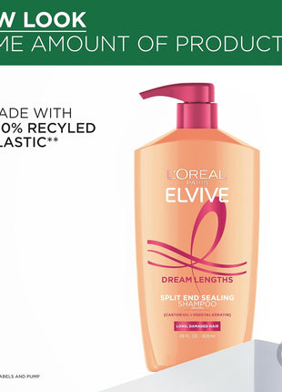 L'Oreal Paris Elvive Dream Lengths Shampoo and Conditioner Set, Seals Split Ends, Hydrating & Strengthening Hair Repair, Fine Castor Oil and Vitamins B3 and B5, 56 Fl Oz Set