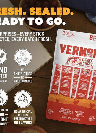 Vermont Smoke & Cure - Turkey Uncured Pepperoni Meat Sticks - Protein Snacks - On the Go Healthier Snack for Adults & Kids - 24 Count