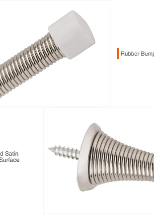 KOVOSCH 2 Pack Spring Door Stopper Brushed Satin Nickel- 3-1/4 inch Flexible Spring Door Stops with White Rubber Bumper Tips