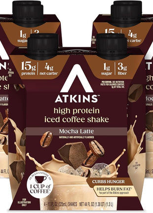 Atkins Mocha Latte Iced Coffee Flavored High Protein Shake, 12 Count | 15g Protein, 4g Net Carbs, 1g Sugar, 3g Fiber, Contains Caffeine, Ready to Drink, 11fl oz, 3 Pack of 4 Count Shakes