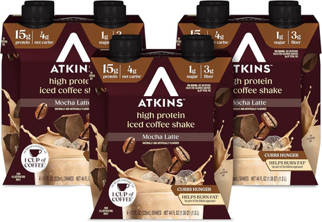 Atkins Mocha Latte Iced Coffee Flavored High Protein Shake, 12 Count | 15g Protein, 4g Net Carbs, 1g Sugar, 3g Fiber, Contains Caffeine, Ready to Drink, 11fl oz, 3 Pack of 4 Count Shakes