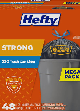 Hefty Strong Extra Large Trash Bags, Black, 33 Gallon, 48 Count