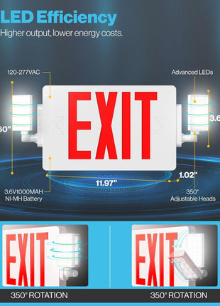 Sunco 12 Pack Exit Signs With Emergency Lights, Two Adjustable LED Lights With Backup Battery, Red, 94V-0 Fire Resistant, 120-277V, Wall Or Ceiling Mount, Commercial Grade UL.