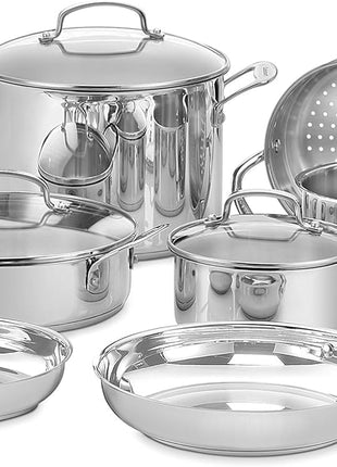 Cuisinart Chef's Classic 11-Piece Stainless Steel Pots and Pans Set, Cookware Set Compatible with Induction, Electric, Gas Cooktops, Aluminum Core for Even Heat, Cool Grip Handles, Dishwasher Safe