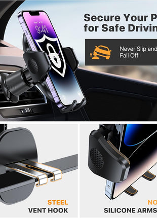 miracase Phone Holders for Your Car with Metal Hook Clip, Air Vent Cell Phone Stand Car Mount, Universal Automobile Cradle Fit for iPhone Android and All Smartphones, Dark Black
