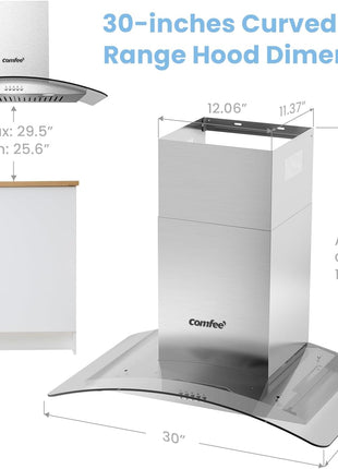 COMFEE' 30 Inch Wall Mount Range Hood, 450 CFM Ductless/Ducted Convertible | Island Range Hood 3-Speed Exhaust Fan, Curved Glass Stainless Steel Kitchen Vent Hood, 2 Baffle Filters, 2 LED Lights