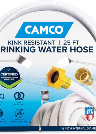 Camco TastePURE 25-Ft Water Hose - RV Drinking Water Hose Contains No Lead, No BPA & No Phthalate - Features Diamond-Hatch Reinforced PVC Design - 5/8 inch Inside Diameter, Made in the USA (22783)