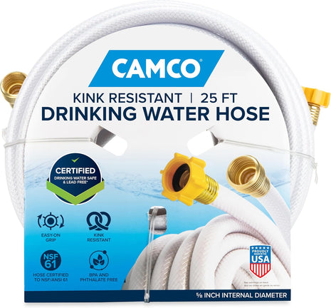 Camco TastePURE 25-Ft Water Hose - RV Drinking Water Hose Contains No Lead, No BPA & No Phthalate - Features Diamond-Hatch Reinforced PVC Design - 5/8 inch Inside Diameter, Made in the USA (22783)