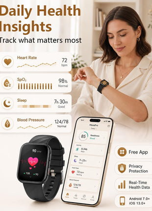 MorePro Health Fitness Tracker (Make/Answer Call), 24/7 Heart Monitor with Blood Pressure, Blood Oxygen, Sleep Tracking, 120+ Sports Modes Smart Watch with 7-Day Battery, Compatible with iOS Android