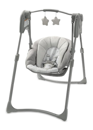 Graco Slim Spaces Compact Baby Swing, Space Saving Portable Bay Swing with Height Adjustable Legs & Soft Toys, Reign