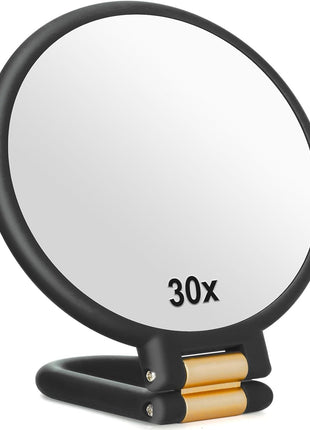 Sifolo 30x Magnifying Mirror, Travel Hand Mirrors with Handle - Double Side Handheld Mirror with 1X 30X Magnification & Adjustable Handle/Stand, Hand Held Foldable Travel Mirror for Makeup(Black)