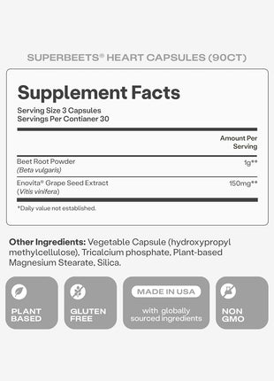 HumanN SuperBeets Beet Root Capsules Quick Release 1000mg, Helps Support Nitric Oxide Production, Blood Pressure, Heart Health, Contains Non GMO Beetroot Powder, Studied Antioxidants 90 Count