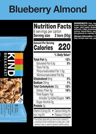 KIND Breakfast Bars, Blueberry Almond, Healthy Snacks, Gluten Free, 100% Whole Grains, 3g Protein, 6 Count