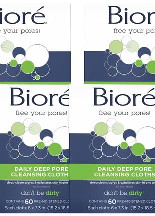 Bioré Daily Make Up Removing Cloths, Facial Cleansing Wipes with Dirt-grabbing Fibers for Deep Pore Cleansing without Oily Residue, 60 Count, (Pack of 6)