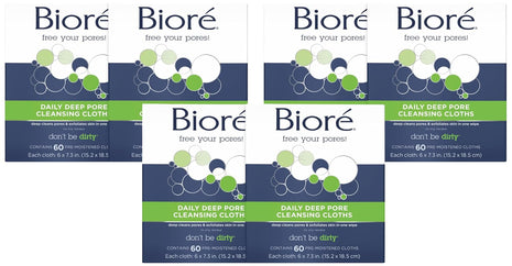 Bioré Daily Make Up Removing Cloths, Facial Cleansing Wipes with Dirt-grabbing Fibers for Deep Pore Cleansing without Oily Residue, 60 Count, (Pack of 6)