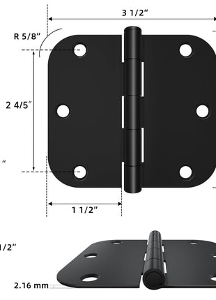 HOSOM Door Hinges 3 Pack Rounded Matte Black Door Hinge 3.5 x 3.5 inch with 5/8 Radius, Black 3 1/2 Interior Door Hinges, 3 ½ inchx 3 ½ inch Hardware