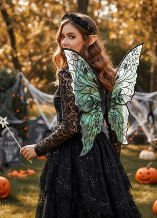 Fairy Wings for Adults, Fairy Costume Set with Floral Garland, Fairy Hair Tinsel, Wand & Elf Ears – 31.5"x21.6" Organza Butterfly Wings – Ideal for Cosplay, Party, Black