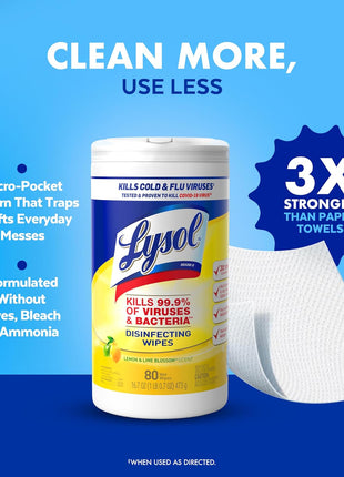 Lysol Disinfecting Wipes, Multi-Surface Cleaner, Lemon, 80 ct. | All Purpose Cleaner, Sanitizing, Deodorizing, Apartment Essentials, Back To School Cleaning Supplies, Kitchen & Bathroom Wipe