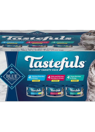 Blue Buffalo Tastefuls Flaked Wet Cat Food Variety Pack, Made with Natural Ingredients, Tuna, Chicken, Fish & Shrimp, 3-oz Cans (12 Count, 4 of Each)