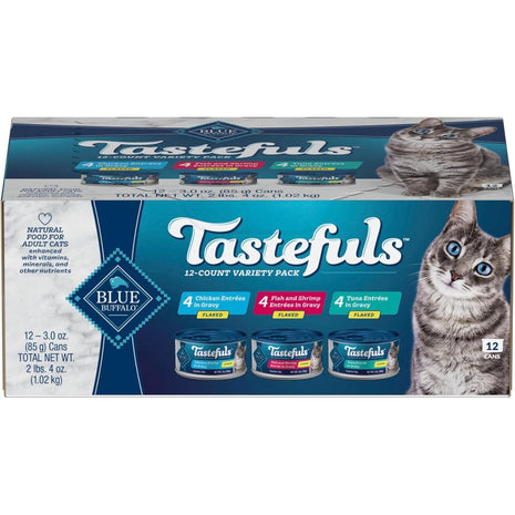 Blue Buffalo Tastefuls Flaked Wet Cat Food Variety Pack, Made with Natural Ingredients, Tuna, Chicken, Fish & Shrimp, 3-oz Cans (12 Count, 4 of Each)