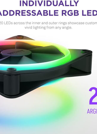 NZXT F140 RGB Duo - 140mm Dual-Sided RGB PC Case Fan - Black | 140mm dual-sided RGB fan with 20 addressable LEDs. Balanced airflow and static pressure, CAM-synced lighting.
