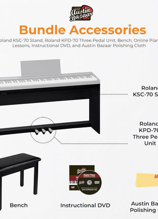 Roland FP 30x 88 Key Digital Piano   Black Bundle with KSC 70 Stand, KPD 70 Three Pedal Unit, Bench, Online Lessons, Austin Bazaar Instructional DVD, and Polishing Cloth
