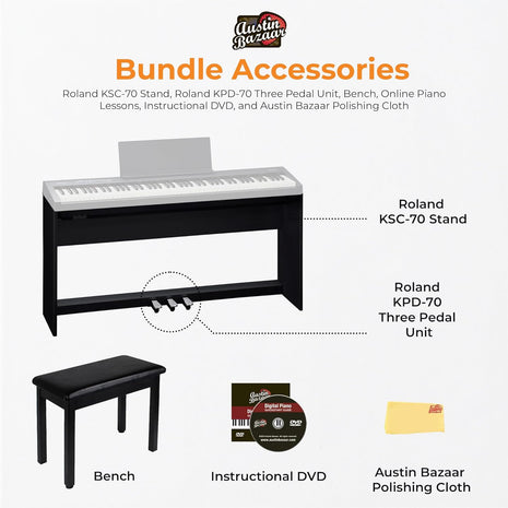 Roland FP 30x 88 Key Digital Piano   Black Bundle with KSC 70 Stand, KPD 70 Three Pedal Unit, Bench, Online Lessons, Austin Bazaar Instructional DVD, and Polishing Cloth