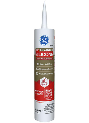 GE Advanced Silicone Caulk for Kitchen & Bathroom, White, 10 fl oz Cartridge, 1 Pack - 100% Waterproof Silicone Sealant, 5X Stronger Adhesion, Shrink & Crack Proof
