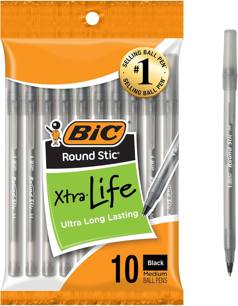 BIC Round Stic Black Ballpoint Pens, Medium Point, 1.0mm, 10-Count | Bulk Pack for Office or School, Flexible Round Barrel for Comfort, Smooth Ink for Consistent Writing, Dependable Performance