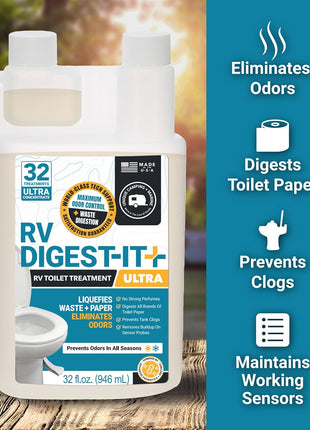 Unique RV Digest-It Ultra RV Toilet Treatment, 32 Uses, Super Concentrated - Eliminates Smells and Liquifies Waste, Easy-Measure Extra-Strength Preventive Bio-Enzymatic Holding Tank Treatment (32 oz)