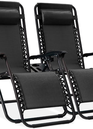 Best Choice Products Set of 2 Adjustable Steel Mesh Zero Gravity Lounge Chair Recliners w/Pillows and Cup Holder Trays - Black
