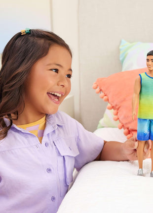 Barbie Fashionistas Ken Doll #236 with Black Hair | Wearing Blue and Green Ombre Tank with Jean Shorts and Silver Sneakers