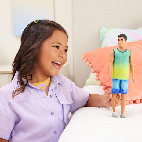 Barbie Fashionistas Ken Doll #236 with Black Hair | Wearing Blue and Green Ombre Tank with Jean Shorts and Silver Sneakers