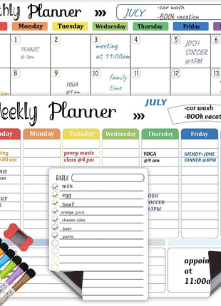 Hivillexun 3-Pack Magnetic Dry Erase Calendar Whiteboard Set for Fridge, Wall & Refrigerator Organisation – Monthly, Weekly & Daily Planners – Includes 8 Markers & Eraser