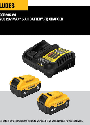 DEWALT 20V MAX Lithium-Ion Battery 2-Pack and Charger, 5.0 Ah, Battery Starter Kit (DCB205-2c)