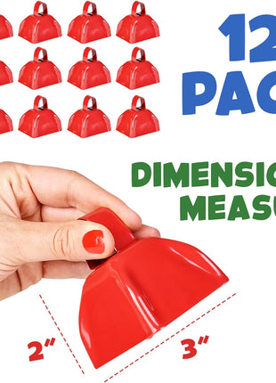 3 Inch Red Metal Cowbells (12-Pack) Loud Cheering Noise Makers | Hand Percussion Cow Bells for Sporting Events, Football Games, School Spirit, Pep Rallies, Celebrations & Team Fans