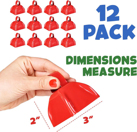 3 Inch Red Metal Cowbells (12-Pack) Loud Cheering Noise Makers | Hand Percussion Cow Bells for Sporting Events, Football Games, School Spirit, Pep Rallies, Celebrations & Team Fans