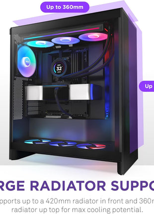 NZXT H7 Flow RGB - Mid-Tower ATX Airflow PC Case - Black | Airflow ATX build with pre-installed 360mm RGB fan unit. Bottom GPU cooling and CAM-ready lighting out of the box.