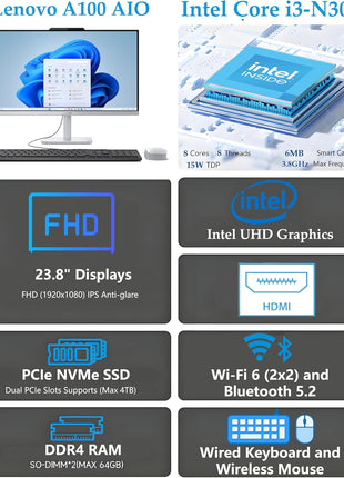 Lenovo 23.8" i3-N305 16GB 512GB SSD All-in-One Desktop Computer | FHD AIO Display, WiFi 6, Bluetooth 5.2, Windows 11, Lifetime Office 365 for Web, White, Home Office