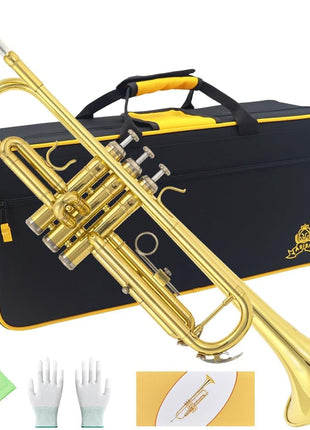 Trumpet Instrument,Band & Orchestra Musical Instruments for Beginners,With trumpets case,Mouthpiece,Cloth and Gloves (Golden)