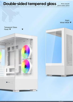 DIYPC ARGB-N1-W White USB3.0 /Type C Micro ATX Gaming Computer Case w/Frameless Dual Tempered Glass Panel and 3 x ARGB 120mm Fans (Pre-Installed). Support 4090TI GPU and 360mm AIO