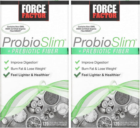 Force Factor ProbioSlim + Prebiotic Fiber Weight Loss Supplement for Women and Men, Probiotic and Prebiotic Digestive Health Support with Green Tea Extract and Psyllium Husk Fiber, 120 Capsules
