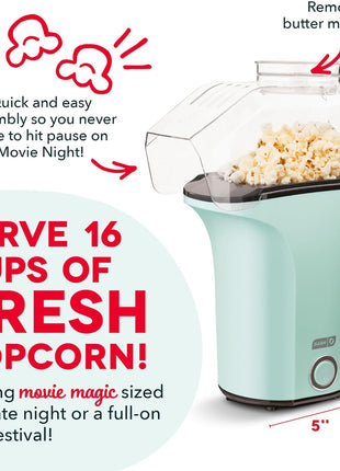 Dash Fresh Pop Popcorn Maker, 16-Cup Hot Air Popper, Aqua | Electric Popcorn Machine, Oil-Free Air Popped Popcorn, Built-In Measuring Cup & Butter Melting Tray, Movie Night Snacks