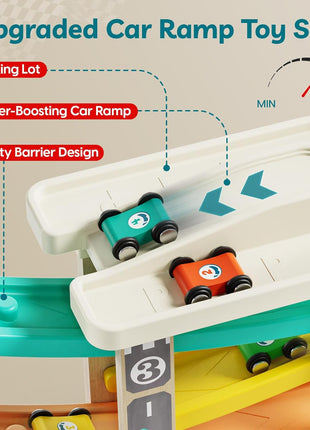 TOP BRIGHT Wooden Car Ramp Track with Cars, Montessori Toy for Toddlers 1-3 | Wooden Race Track Set Includes Cars & Garage, Montessori Learning Toy for Ages 18+ Months, Suitable for Boys & Girls
