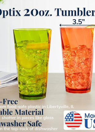 US Acrylic Optix Plastic Reusable Drinking Glasses (Set of 8) 20oz Water Cups in Jewel Tone Colors | BPA Free Tumblers, Made in USA | Top Rack Dishwasher Safe