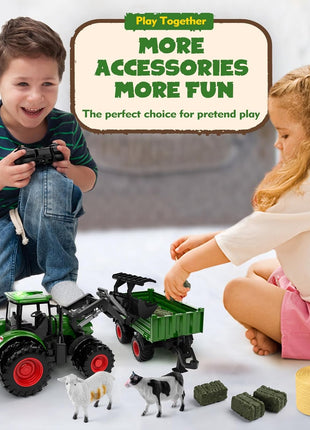 Uarzt Remote Control Tractor Toy with Trailer | Metal Front & Front Loader Farm Vehicle Set with Lights & 8-Wheel Design, RC Tractor Truck for Boys Ages 3-9, Fun Farm Toy Gift for Kids